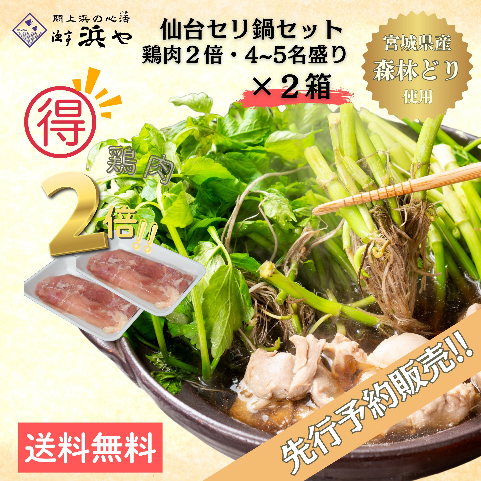 ≪先行販売≫2セット【森林どり】 （お肉が2倍）仙台セリ鍋セット 4~5人前